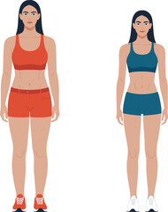 Fitness Transformation Before and After Woman Illustration. Weight Loss Progress Female Body Vector.