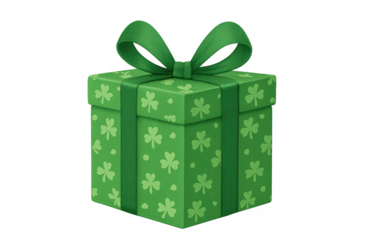 Green st. Patrick's day gift box with shamrocks and ribbon