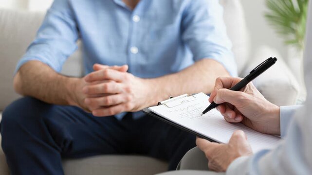 Man in a psychotherapy session expressing concerns while a therapist takes notes during a professional mental health consultation.