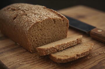 Whole grain loaf presented on a wooden chopping block alongside a blade