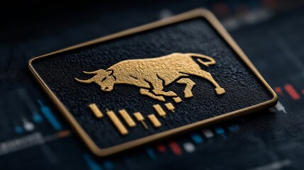 A golden bull emblem symbolizing growth and strength stands prominently against a dark background with brass edges and b