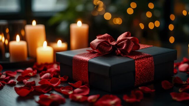 A romantic setting featuring black gift box with sparkling red bow, surrounded by soft glowing candles and scattered crimson rose petals, creating warm, celebratory ambiance