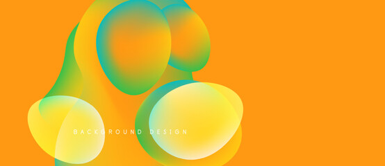 Abstract colorful shapes overlap, creating vibrant visual effect. Orange background enhances dynamic composition. Modern design element.
