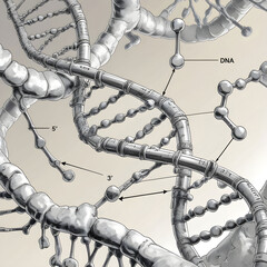 A detailed cross-section of DNA structure showing base pairs (A-T, C-G).
