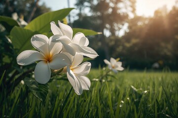 Obraz premium White frangipani blossoms resting on lush green grass, natural floral texture