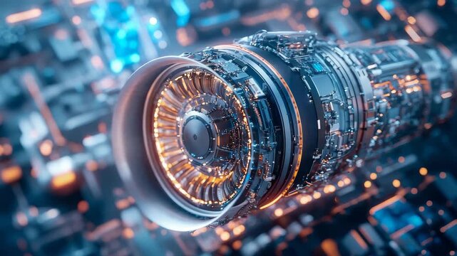 Close-up of complex mechanical turbine radiating brilliant orange luminescence within shimmering cybernetic realm