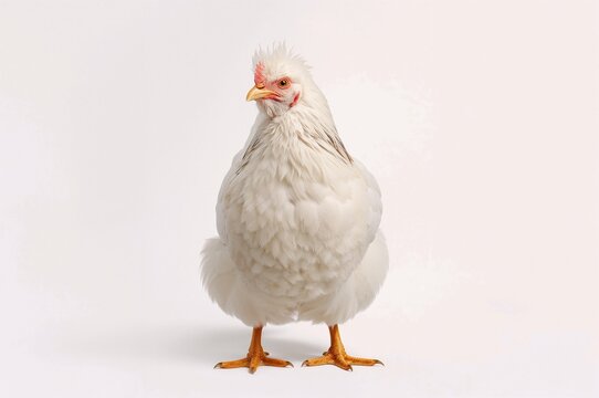 Single white hen against plain backdrop