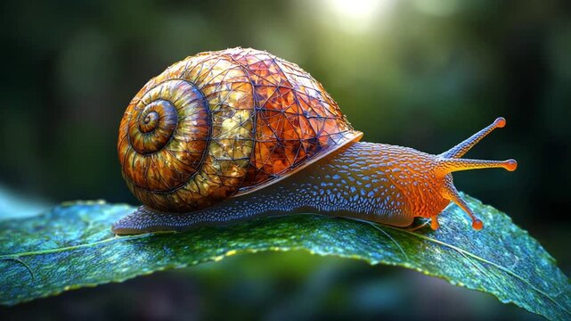 A close-up view of a snail slowly moving across a vibrant green leaf, showcasing its intricate shell and delicate antennae in a natural outdoor setting.