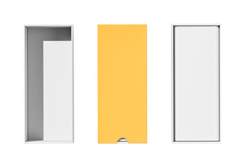 Rectangular packaging box set with yellow sliding cover and white inner tray, shown in three views, isolated on white background. 3D Rendering