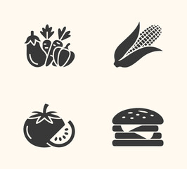 Vector art of collection of four simple black icons representing food items a pile of vegetables, an ear of corn, a tomato, and a hamburger, isolated on a light cream background