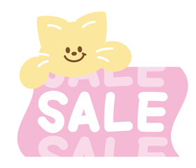Cute SALE icon with cat for online shopping, promotion, sticker, banner, special price, discount, web button, campaign badge, brochure, price tag, animal, pet shop, vet, kitten cartoon, ads
