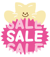 Cute SALE icon with cat for online shopping, promotion, sticker, banner, special price, discount, web button, campaign badge, brochure, price tag, animal, pet shop, vet, kitten cartoon, ads