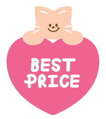 Cute BEST PRICE sale icon with cat for online shopping, promotion, sticker, banner, special price, discount, web button, campaign badge, brochure, price tag, animal, pet shop, vet, kitten cartoon, ads