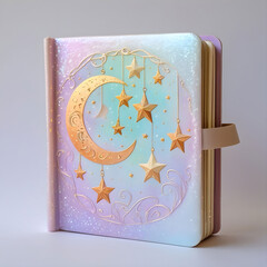 A dream journal with a soft pastel cover, gently glowing, adorned with star.