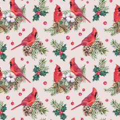 Cardinal bird on a spruce branch with cones and holly seamless pattern for Christmas on a beige background. Hand-painted watercolor illustration. Christmas tree winter picture for the holiday.