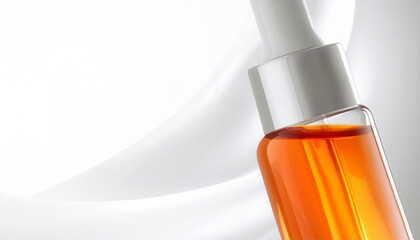 clear glass dropper bottle with orange liquid serum Brightly arranged on a curved background.
