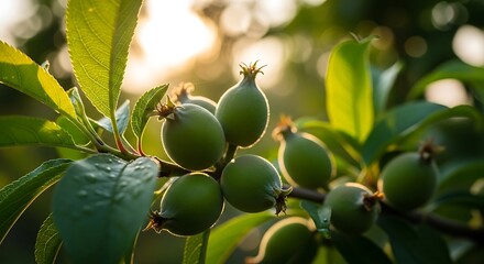 Immature fruits growing on a tree branch bathed in soft light outdoor