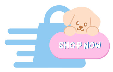 Cute SHOP NOW sale icon with puppy for online shopping, promotion, sticker, banner, special price, discount, web button, campaign badge, brochure, price tag, animal, pet shop, vet, dog cartoon, ads
