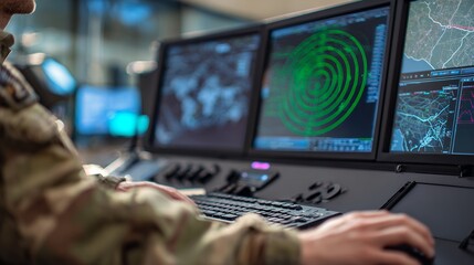 man in uniform works at computer station