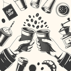 Vector art of two hands holding coffee cups in a toast, surrounded by coffee beans, cups, a croissant, and a coffee grinder, isolated on a cream background