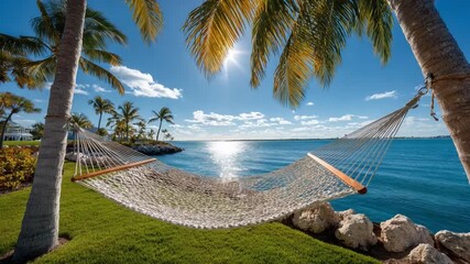 Coastal Hammock Serenity: A peaceful coastal scene featuring a woven hammock suspended between palm trees, offering a serene view of the shimmering ocean and sunny skies. - Powered by Adobe