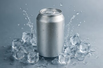 Realistic 3D Silver Soda Can with Ice and Droplets Photorealistic Render for Cold Drink Branding
