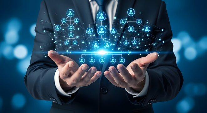 The Architect of Connections: A businessman orchestrates a network of professionals, symbolizing the power of leadership and strategic partnerships in the digital age