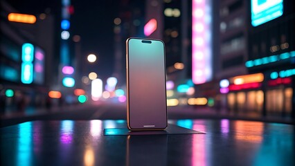 Modern smartphone displayed in a vibrant neon lit cityscape at night with reflections