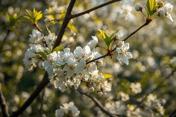 Obraz premium Spring blossoms of white flowers on a tree with a soft blurred background. High-resolution image.