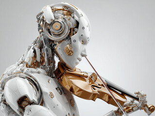 Fototapeta premium 3d rendering humanoid robot playing violin on gray background with vignette