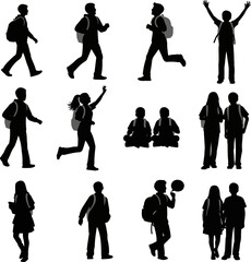 Isolated a kinds of deferent Silhouette of happy student boy and girl PNG with casual pose vector art with white background
