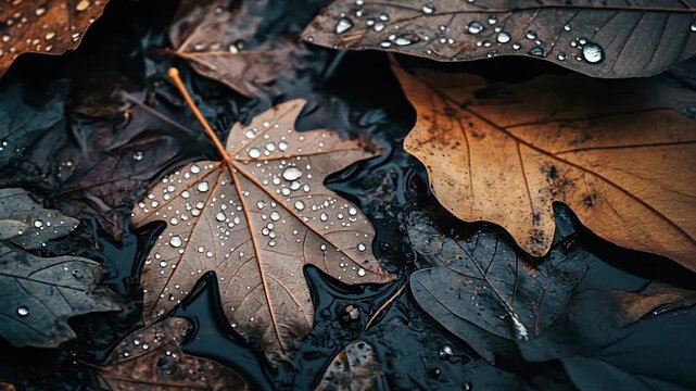 Close-up of fallen leaves covered in dew drops