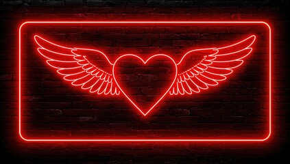 Dark brick backdrop with glowing neon heart and angel wing design, framed by electric light banner. Ideal for bars, adult stores, and romantic occasions.