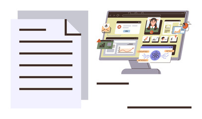 Document alongside computer screen with data graphs, charts, user profile, and notifications. Ideal for technology, remote work, data management, analytics, efficiency workflow digital tools