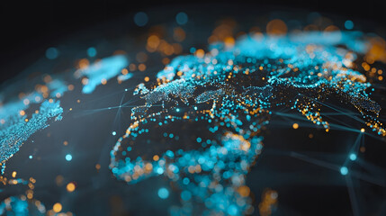 Digital world map with data visualization elements in a futuristic design