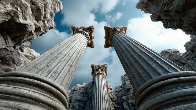 Ancient Grandeur: Towering marble pillars reach towards a cloudy sky, the embodiment of classical architecture and enduring legacy of a time gone by. 