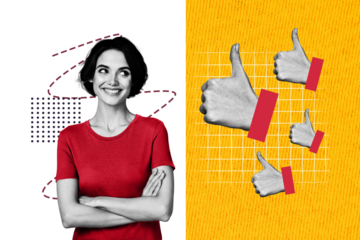 Creative collage image young cheerful pretty smiling woman thumb up approval accept feedback reaction okay drawing background