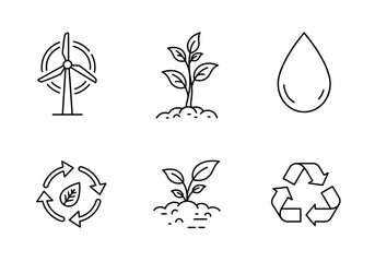 Environmental icons featuring wind turbine plants water drop and recycle symbols