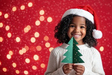 Young girl with curly hair wearing Santa hat holds green paper Christmas tree in front of festive red background with sparkling lights, celebrating holiday spirit