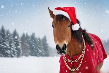Horse wearing festive red outfit and Santa hat in snowy landscape, surrounded by evergreen trees, capturing the joyful spirit of winter celebrations