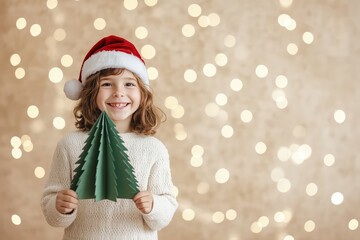 Child wearing Santa hat is joyfully holding a handmade green paper Christmas tree in front of a festive bokeh background, celebrating the holiday spirit