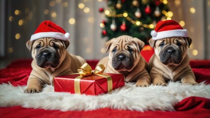 Three adorable puppies wearing Santa hats are sitting together beside a beautifully wrapped gift, creating a festive and heartwarming holiday scene