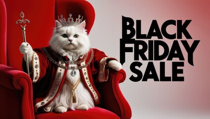 Regal feline in royal attire seated on plush red throne, exuding majesty and charm, perfect for promotional content and festive marketing themes