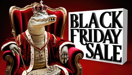 Alligator dressed in royal attire sitting on a throne, promoting a festive sale event with bold typography and vibrant colors in a playful atmosphere
