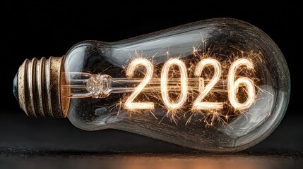 Light bulb featuring glowing numbers 2026, symbolizing innovation and creativity, with a dark background enhancing the luminous effect and visual impact