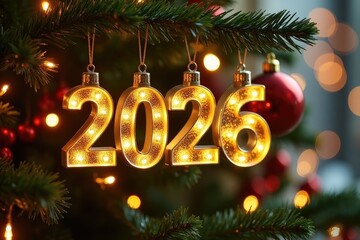Decorative golden numbers 2026 hanging on a Christmas tree with vibrant ornaments and soft glowing lights, symbolizing the festive holiday season and new beginnings