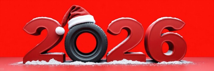 Festive 2026 display featuring large red numbers, a black tire adorned with a Santa hat, and snow accents against a vibrant red background