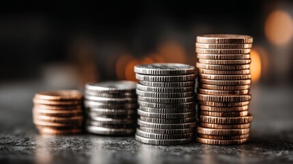 Several stacks of coins arranged on a dark surface with blurred lights in the background,