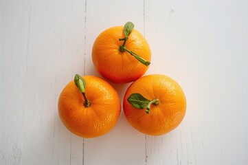 Three mandarins placed on a pale wooden surface, top-down perspective