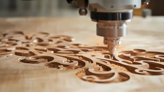 Automated wood carving with intricate floral design close up view.